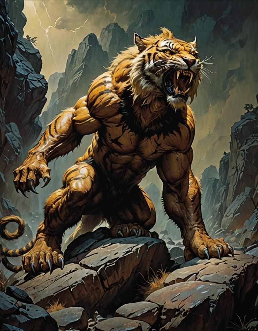 Sabretooth Tiger Ready to Pounce: Dark Fantasy Art