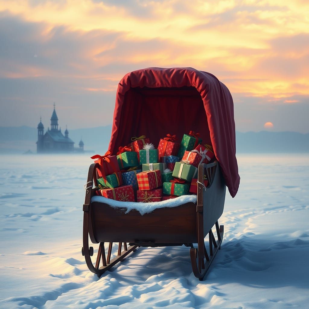 Sleigh Full of Gifts in Winter Landscape