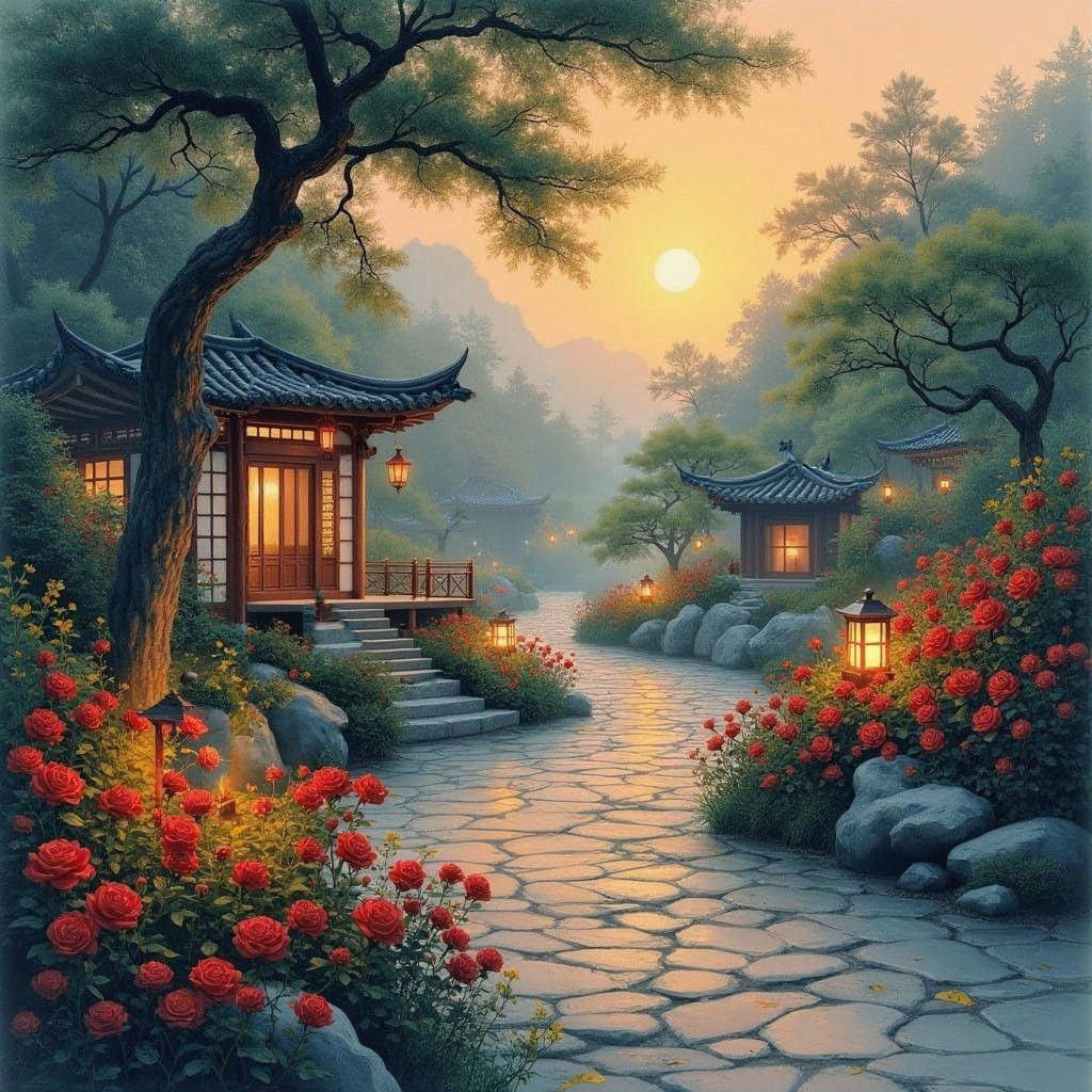Charming Red Rose Garden in Traditional Chinese Setting