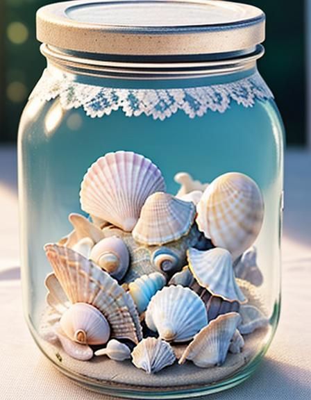 Seashells and Lace in Jar, Pastel Colors