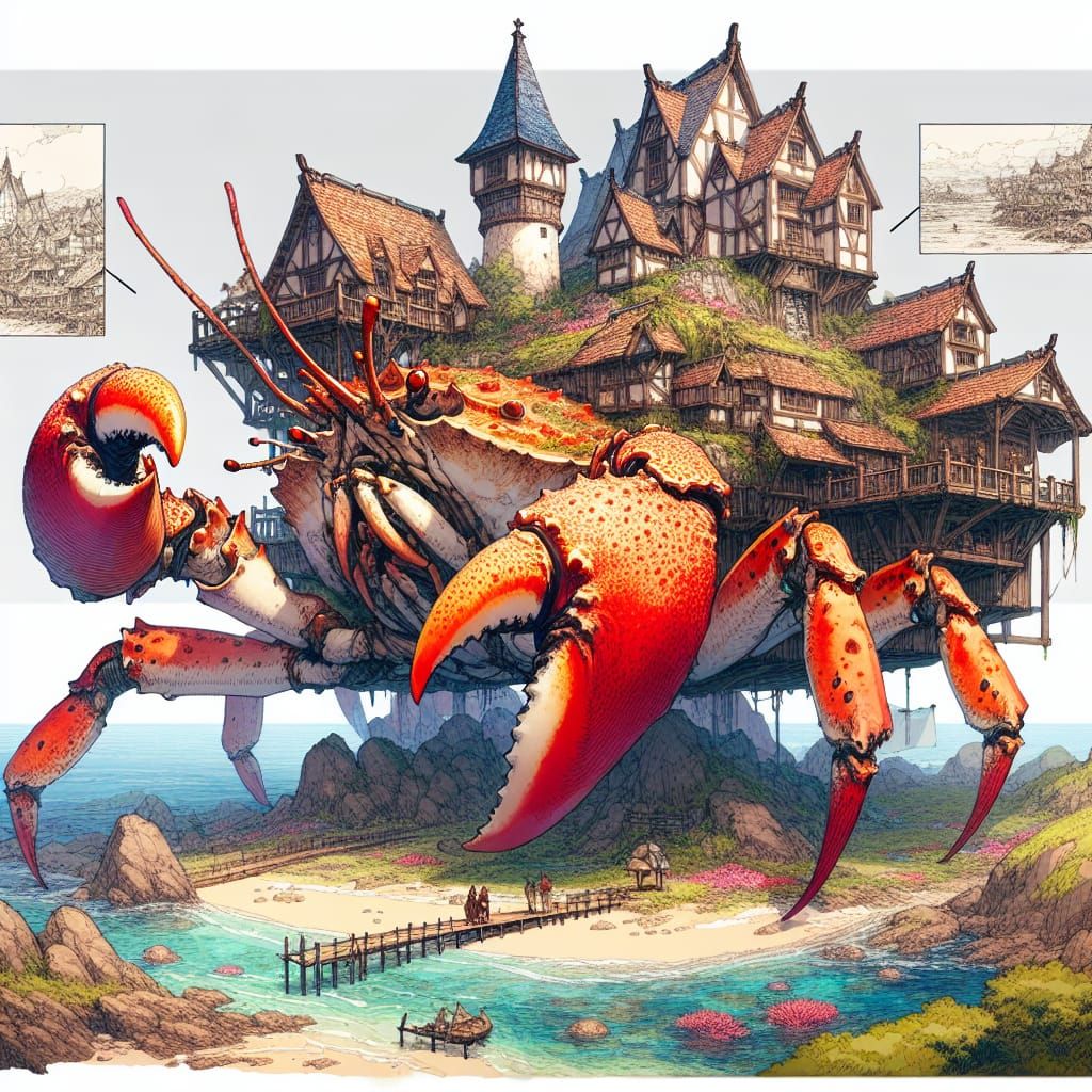 Village on Crab Back: Coastal Fantasy in Anime Style