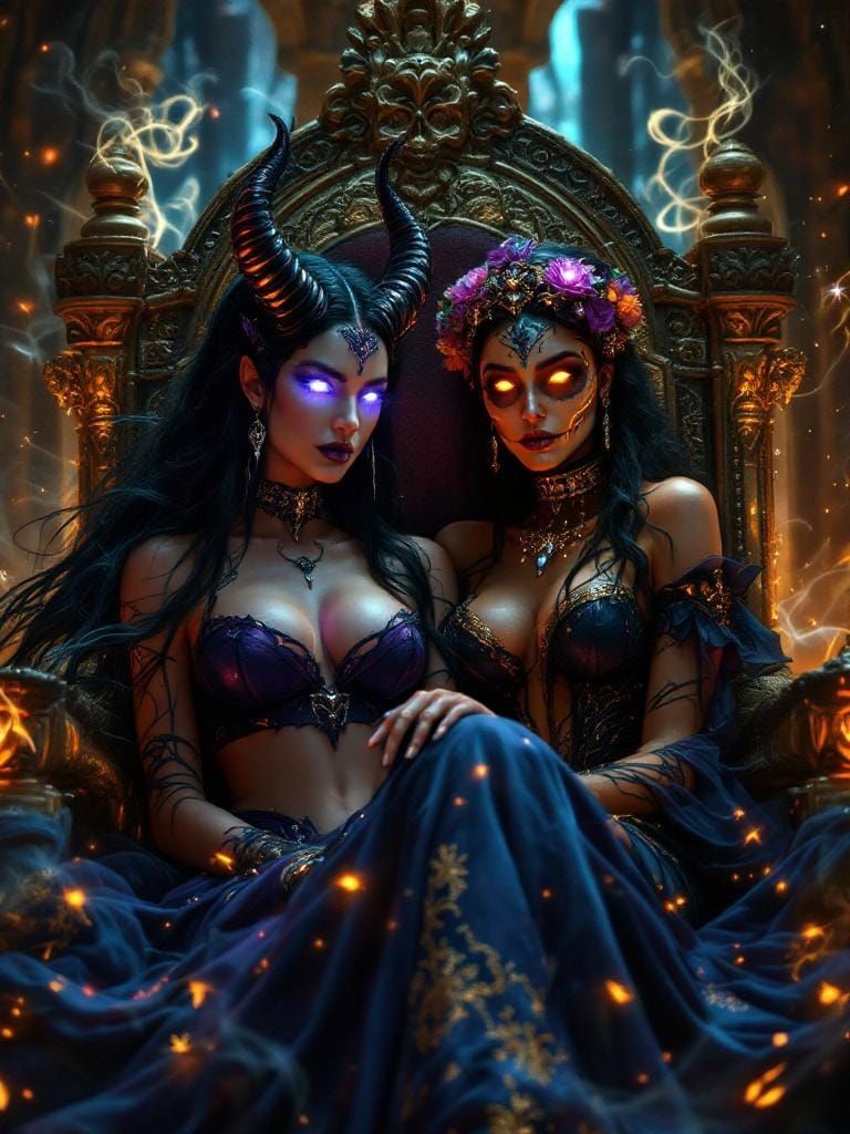 A fantasy digital painting of two powerful sorceresses standing side by side in a dramatic, arcane throne room. One is a...