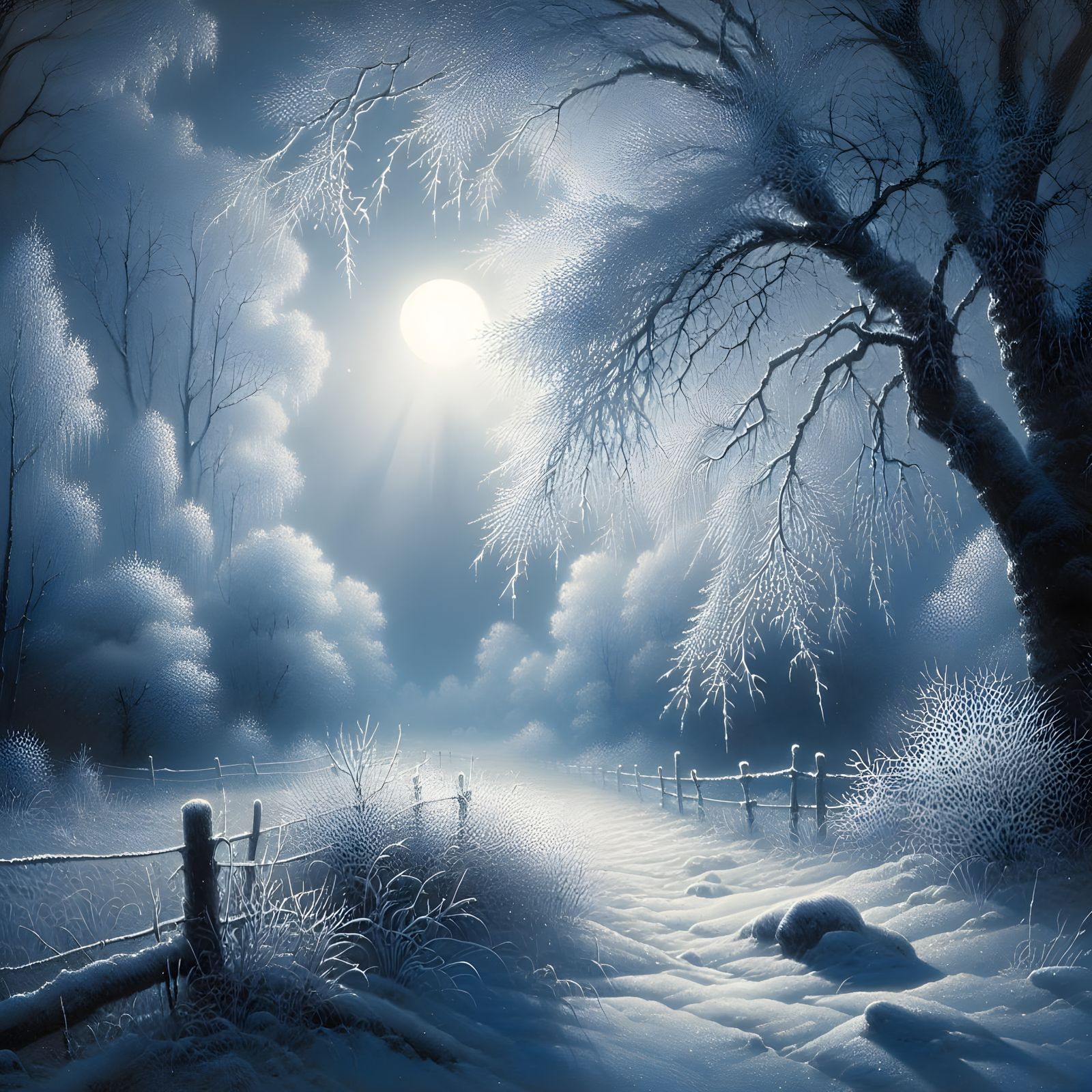 Moonlit Snowfall on a Winter's Night in Oil Paint
