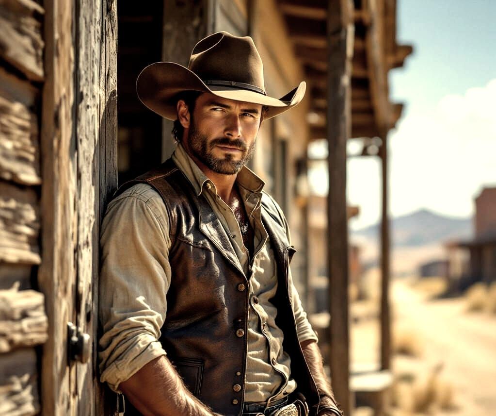 Rugged Cowboy in Sun-Drenched Western Town