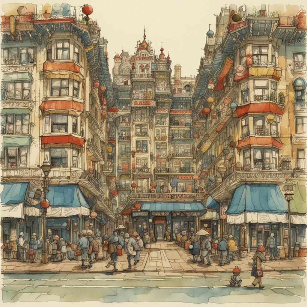 Colorful Town Square Scene with Intricate Details