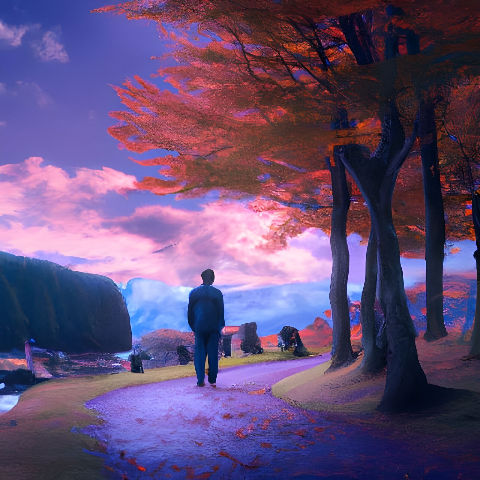 Autumnal Mountain Lake Landscape with Walking Figure