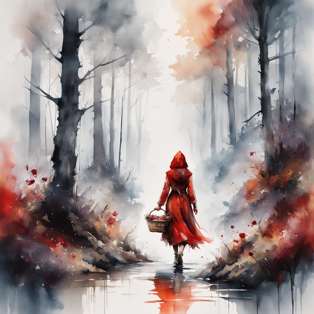 Little Red Riding Hood in Misty Woods, Watercolour Style