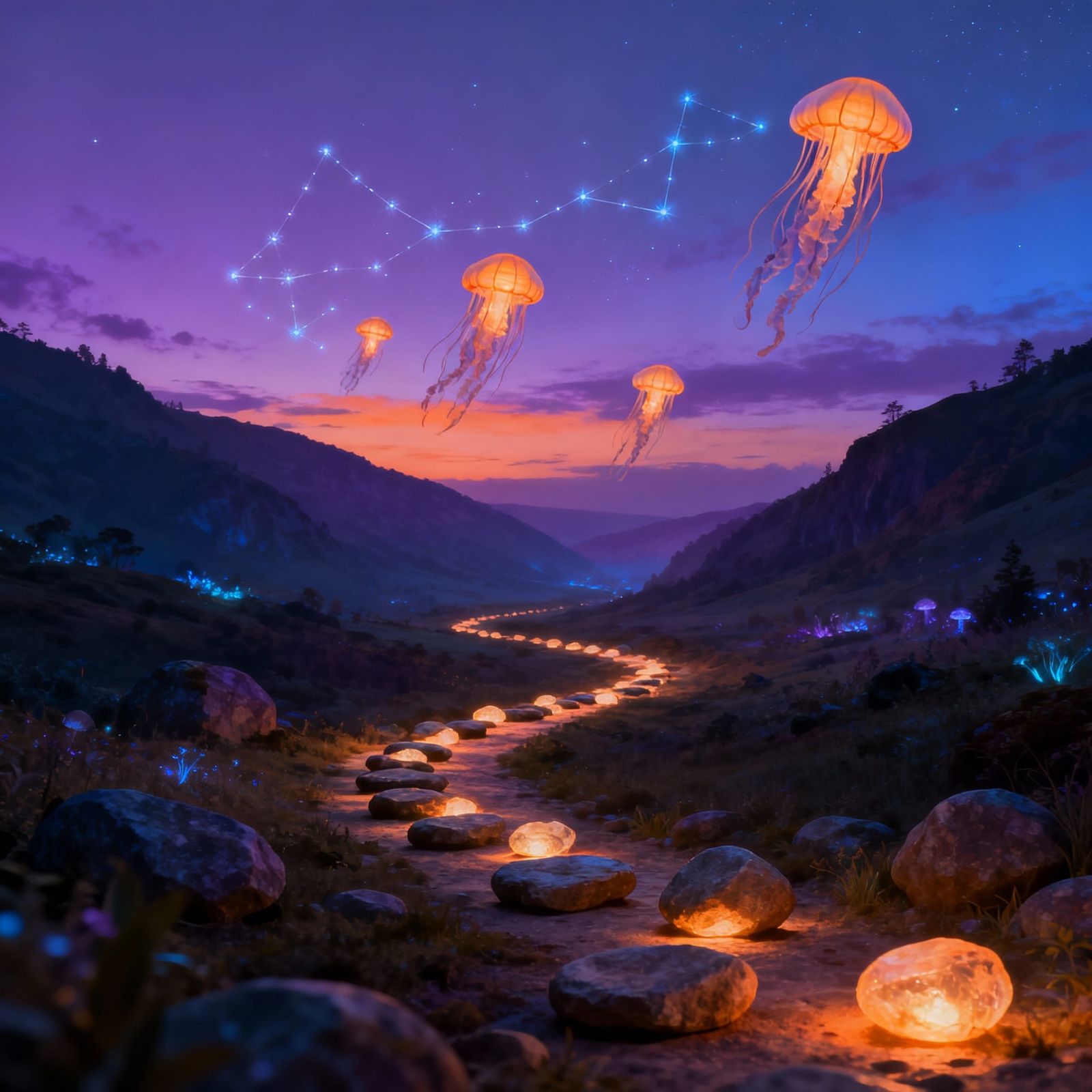 Twilight Valley of Floating Lantern Jellyfish and Stone Path