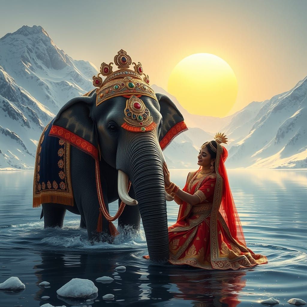 Regal Indian Bride in Splendid Fantasy Landscape with Elepha...
