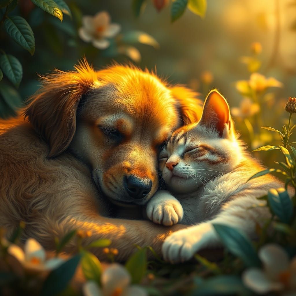 Dreamlike Duo: Dog and Cat Slumber in Vibrant Fantasy Landsc...