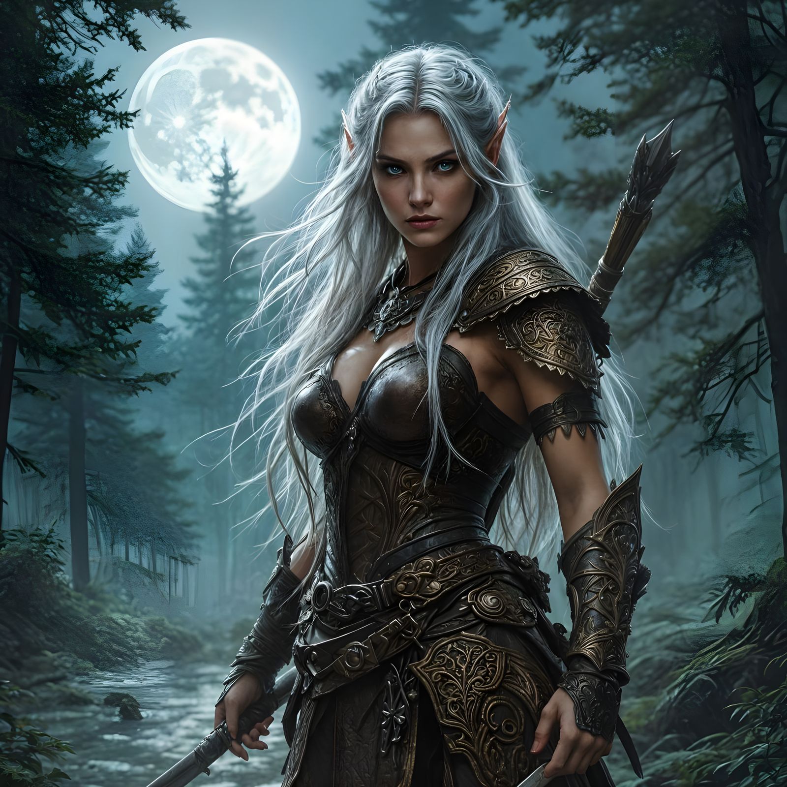 Elven Hunter in Moonlit Forest