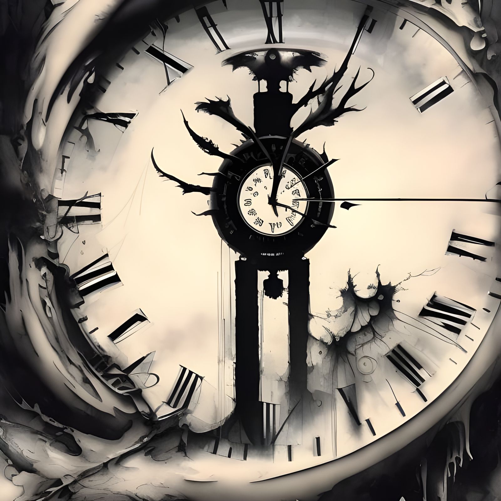 Intricate Ink Clock in Gouache Painting Style