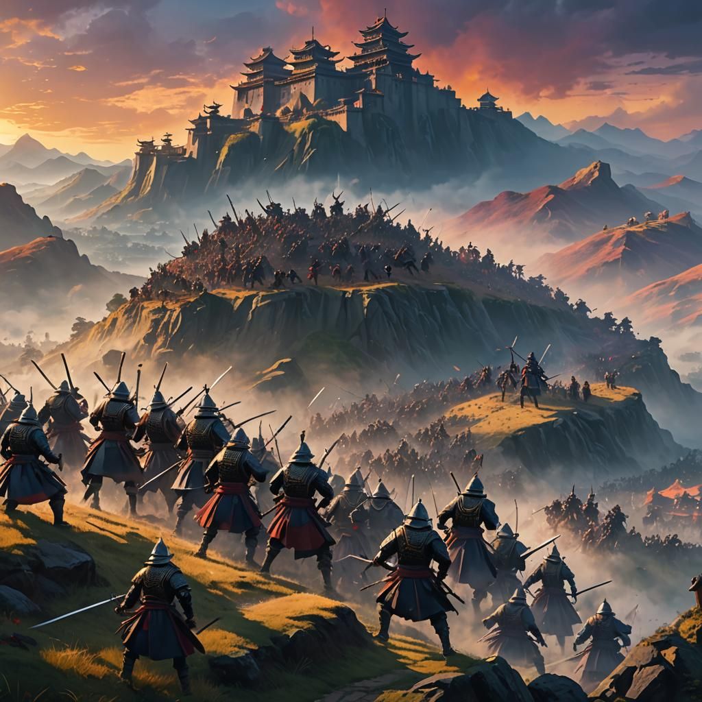 Samurai Clash with Knights in Misty Golden Light