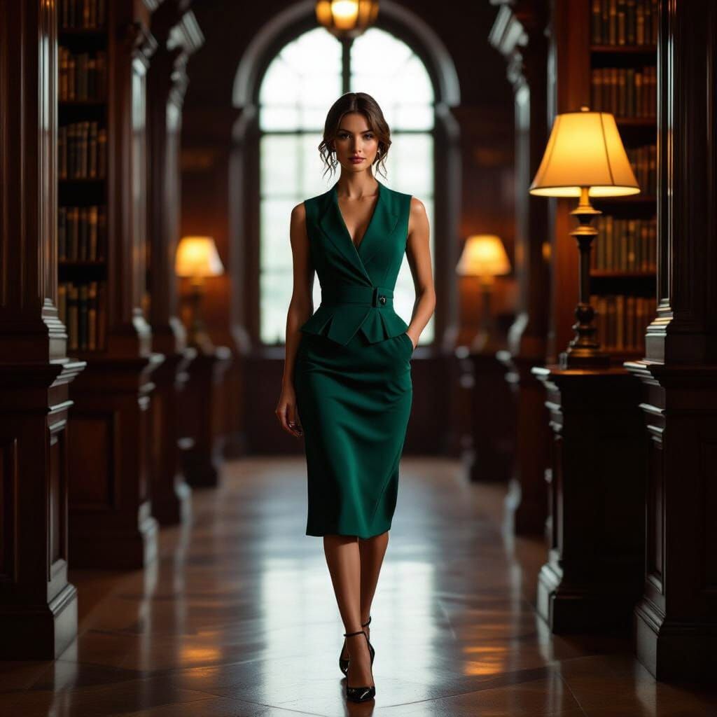 Woman in Emerald Waistcoat Dress in Library