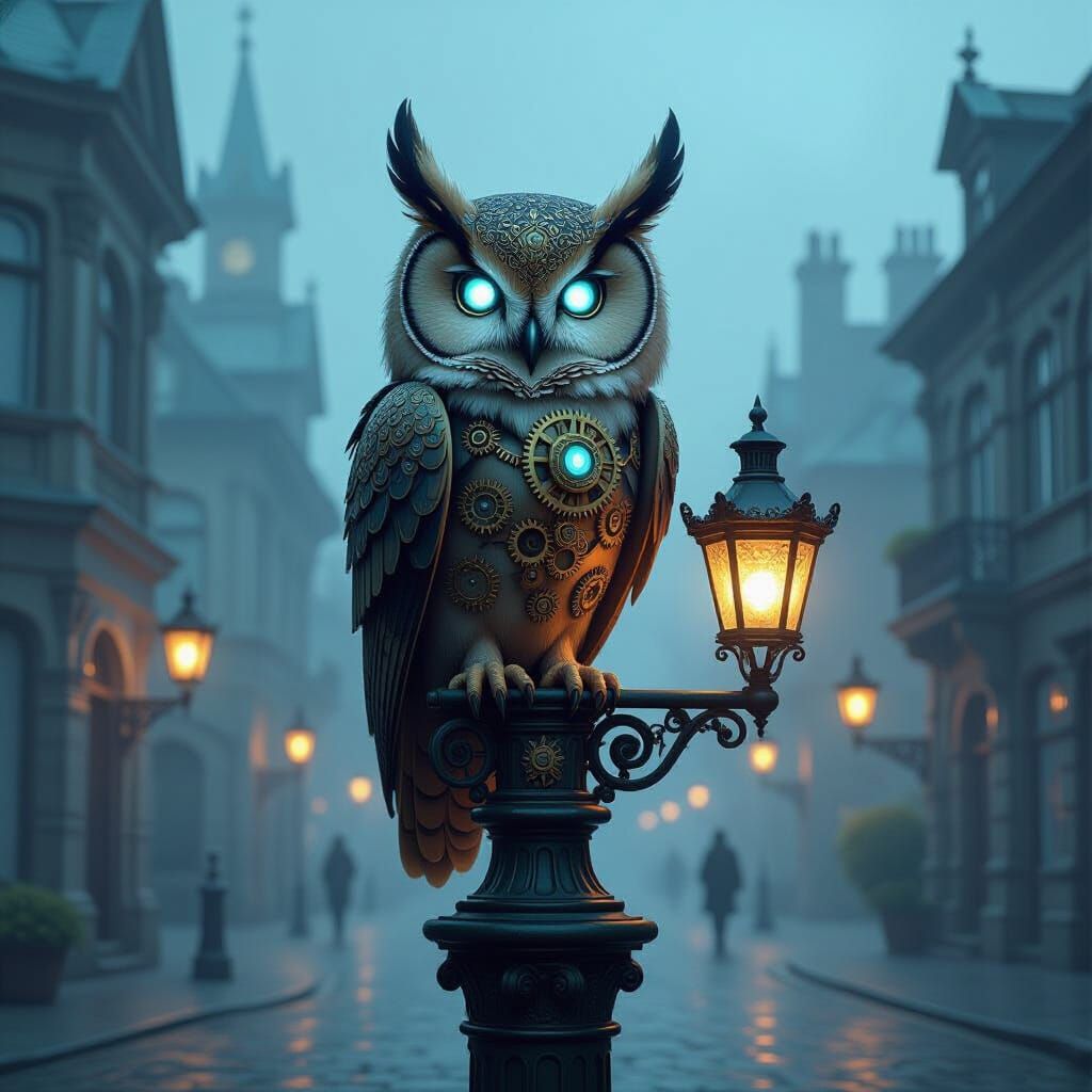 Steampunk Owl Perched in Victorian City Square