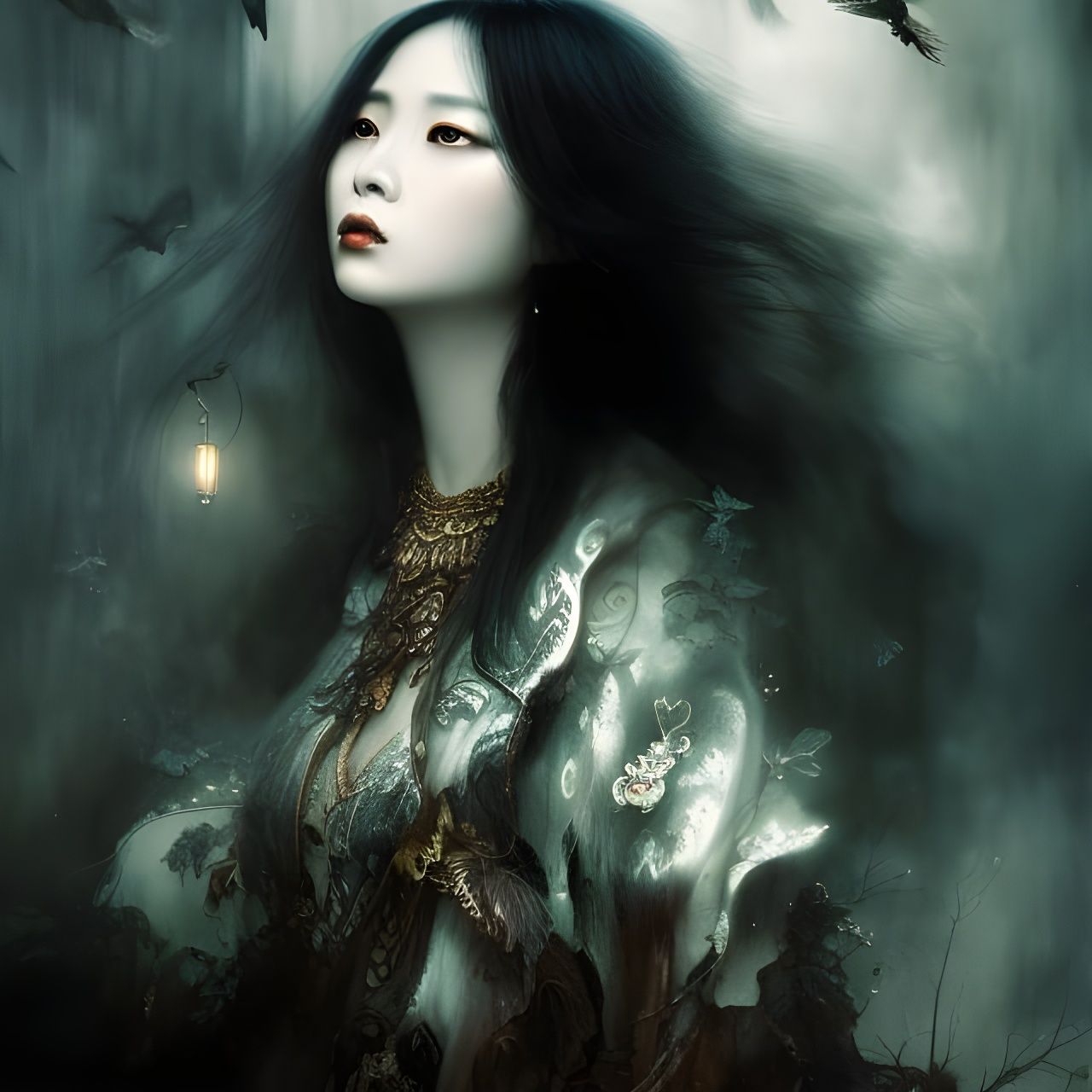 Ethereal Chinese Ghost in Rain, Oil and Ink Style