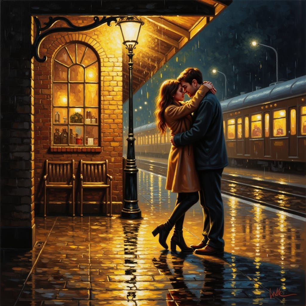 Romantic Embrace at Train Station in Oil Painting Style