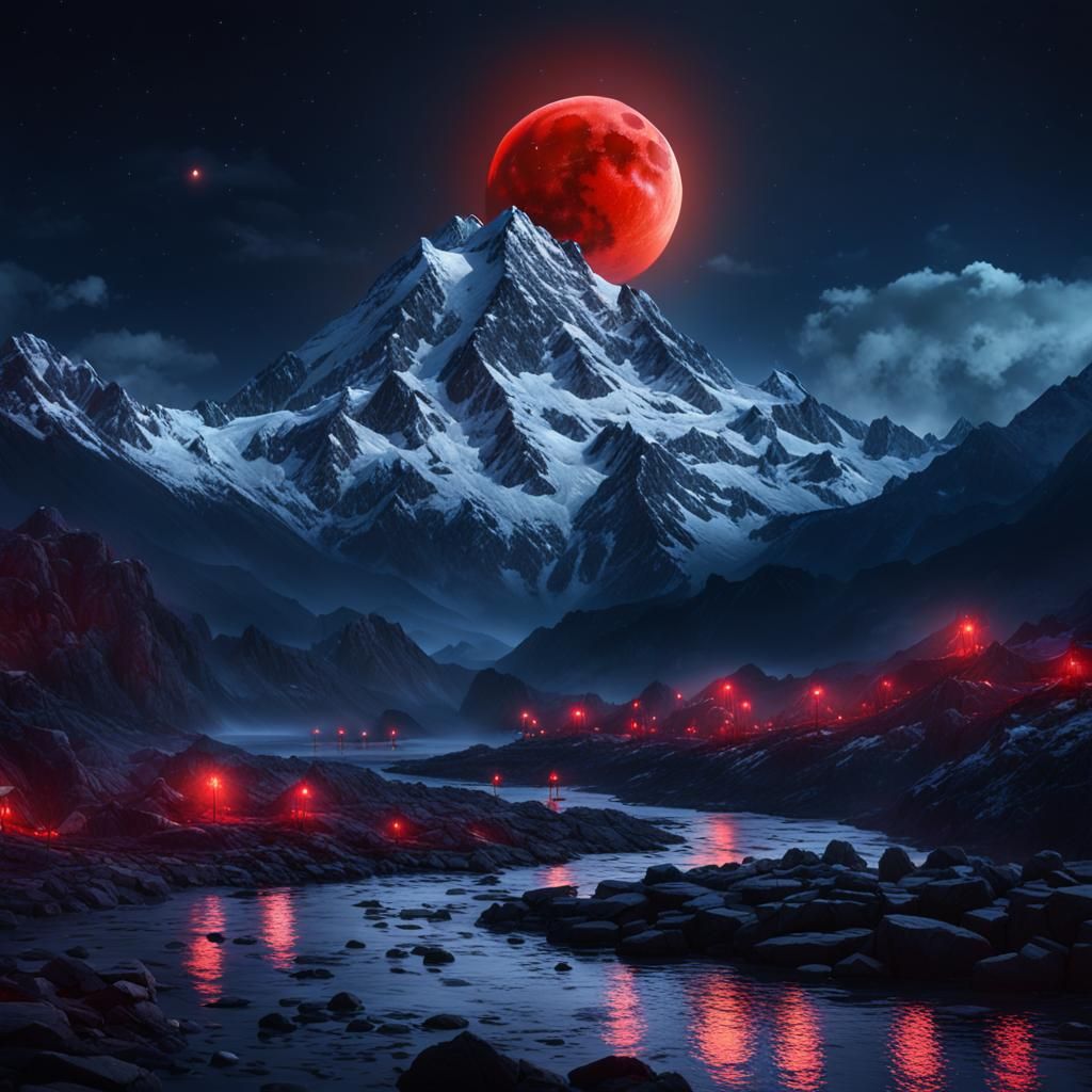 Epic Red Moon Over Mountain River