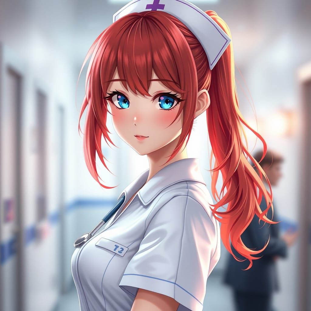 Anime Nurse with Fiery Red Hair and Blue Eyes