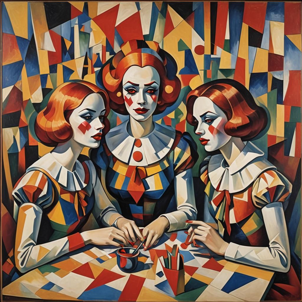 Cubist Clown Girls at a Table in Abstract Style