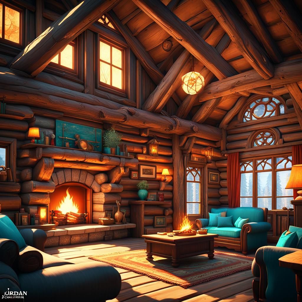 Rustic Log Cabin with Fireplace: Hyperdetailed Concept Art