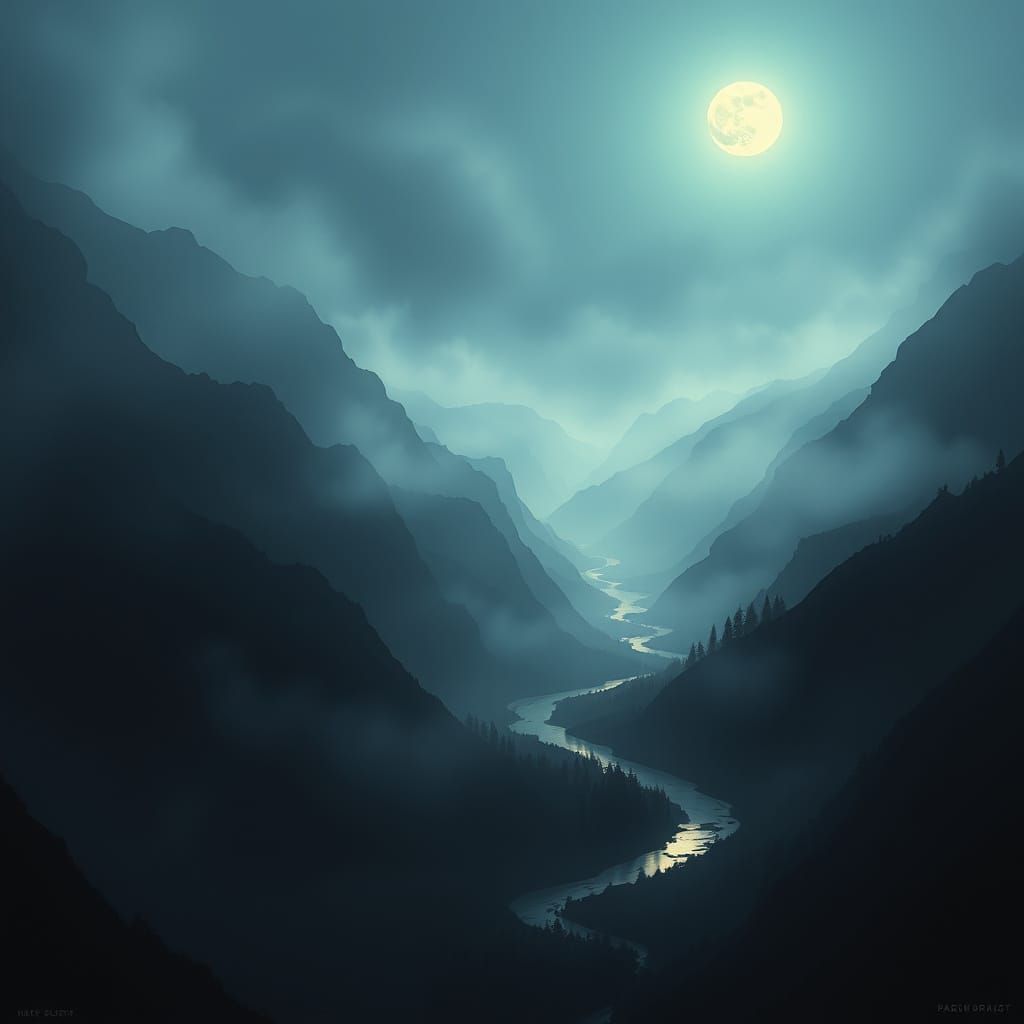 Moonlit Mountainscape in a Futuristic Style