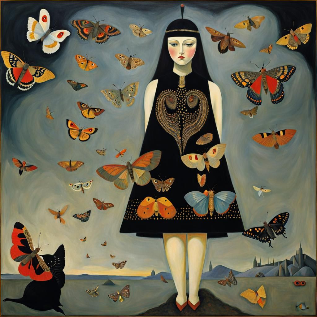 Surreal Giant Moth with Flame, Klimt, Renoir, Dali Style