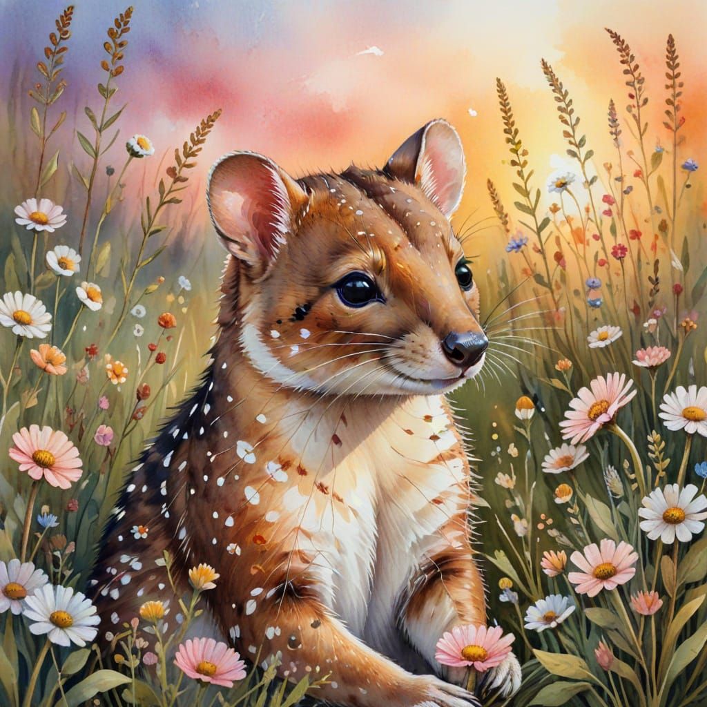 Whimsical Quoll with Paintbrush in Twilight Meadow