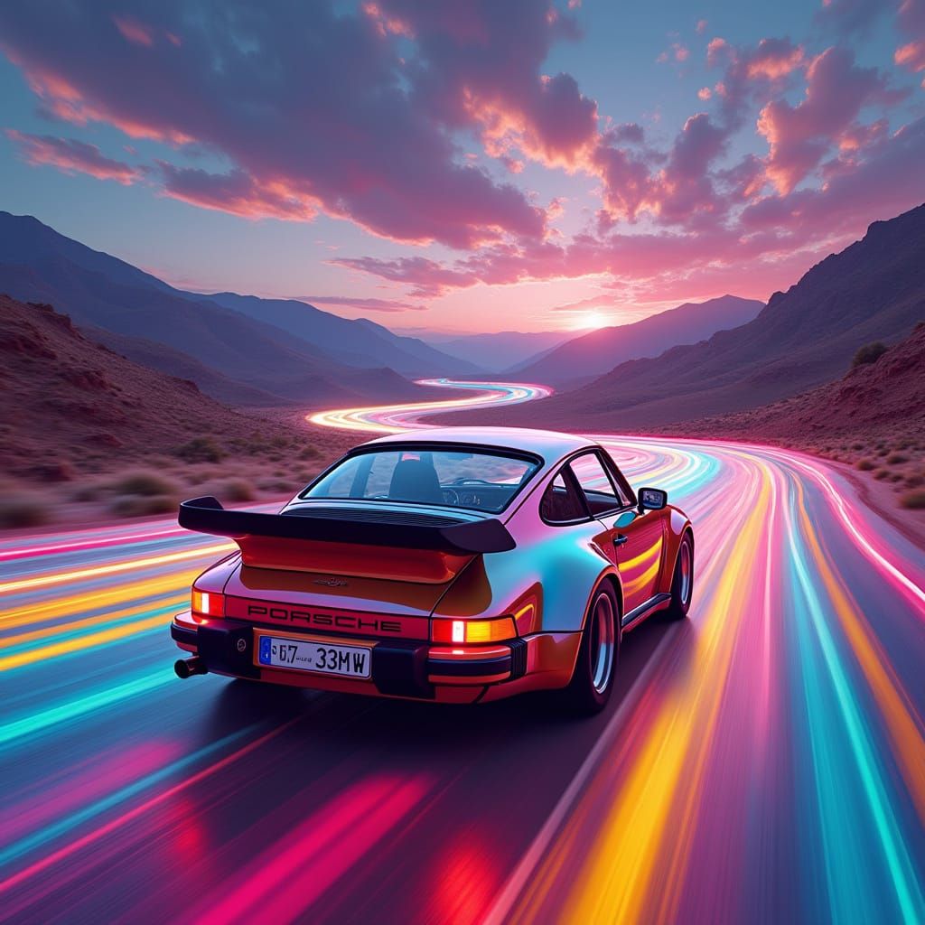 Rainbow Road Porsche Turbo Speeds Through Futuristic Landsca...