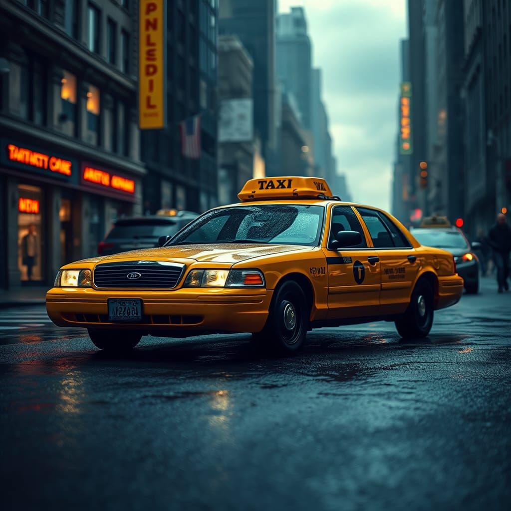 Sleek Yellow Taxi in Moody Urban Ambiance