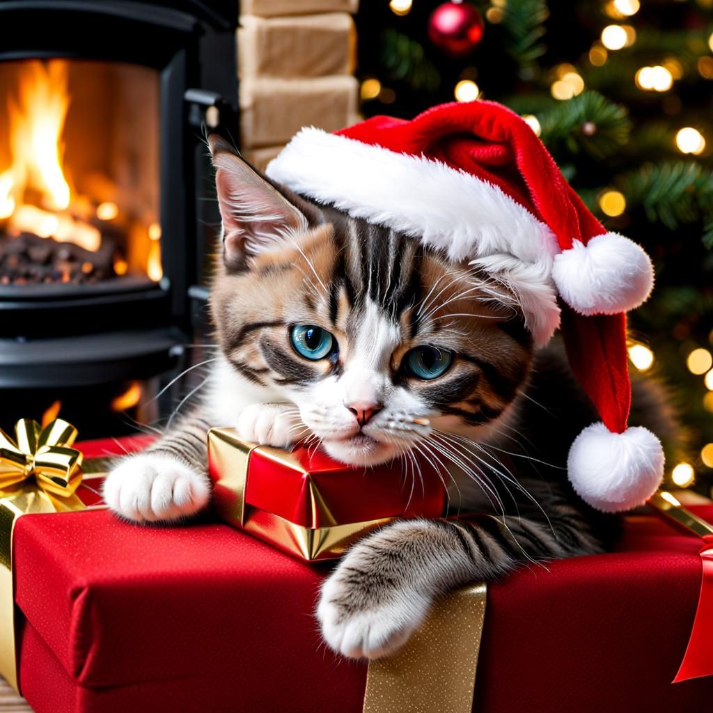 Grumpy Kitten in Santa Hat by Christmas Fireplace