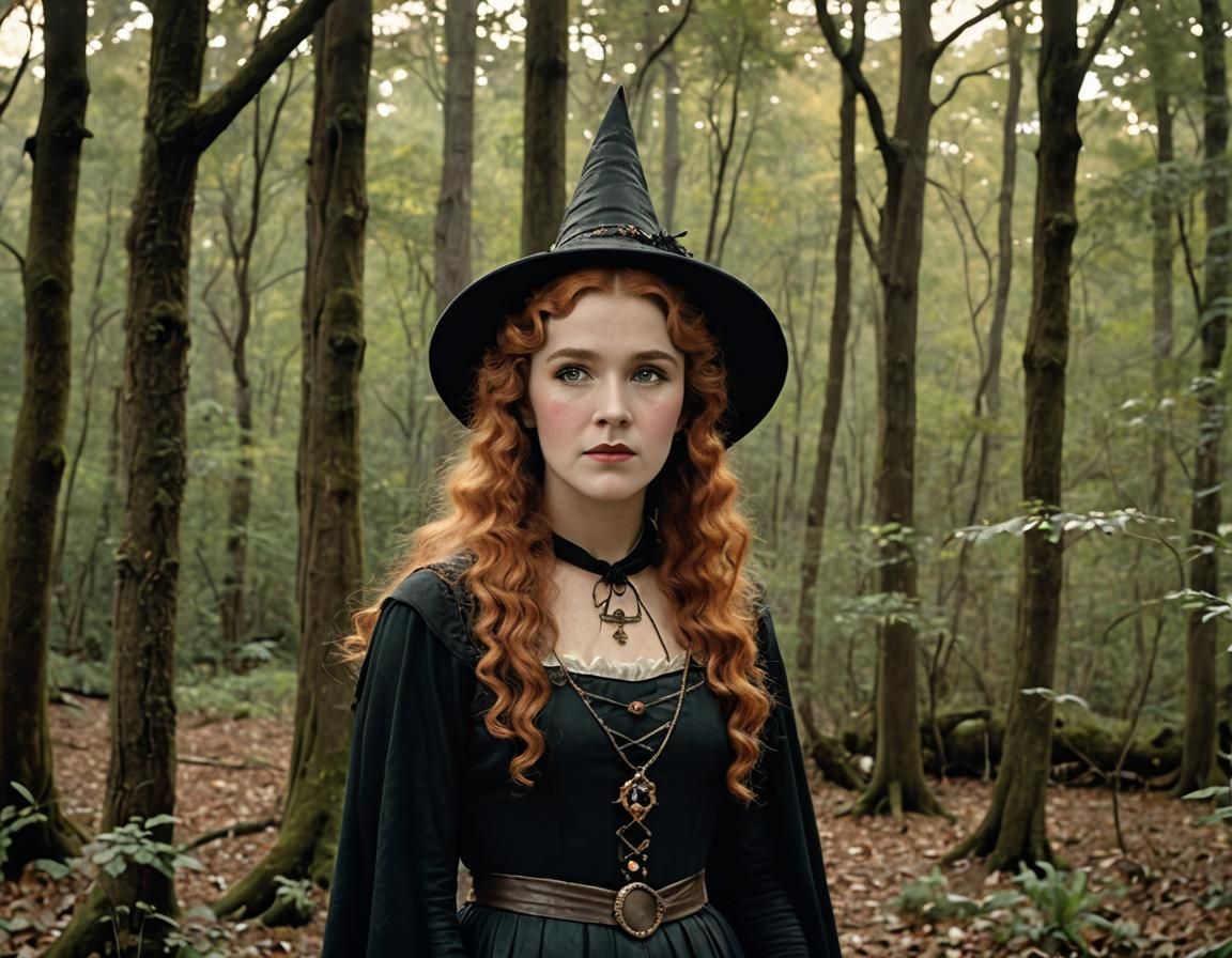 Beautiful Copper-haired Witch in Forest at Dusk