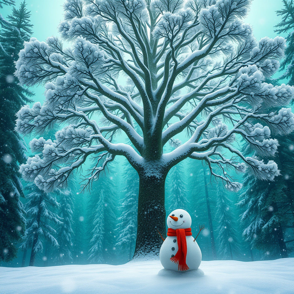 Winter Forest Scene with Snowman in Matte Painting Style