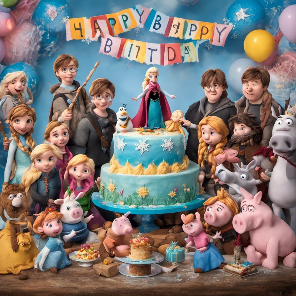 Birthday Cake with Elsa, Harry Potter and Peppa Pig