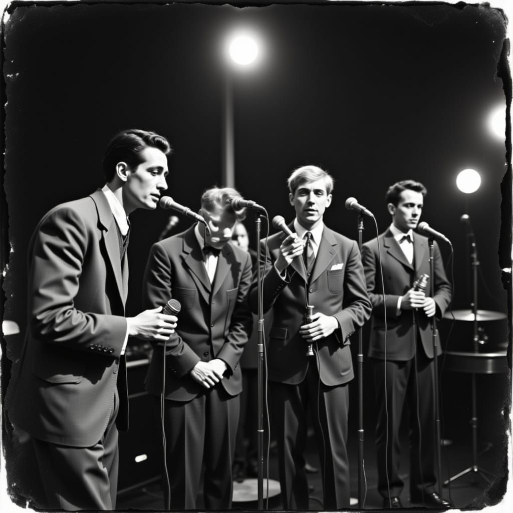 Old retro vintage photography. Jazzmen quartet on stage with...