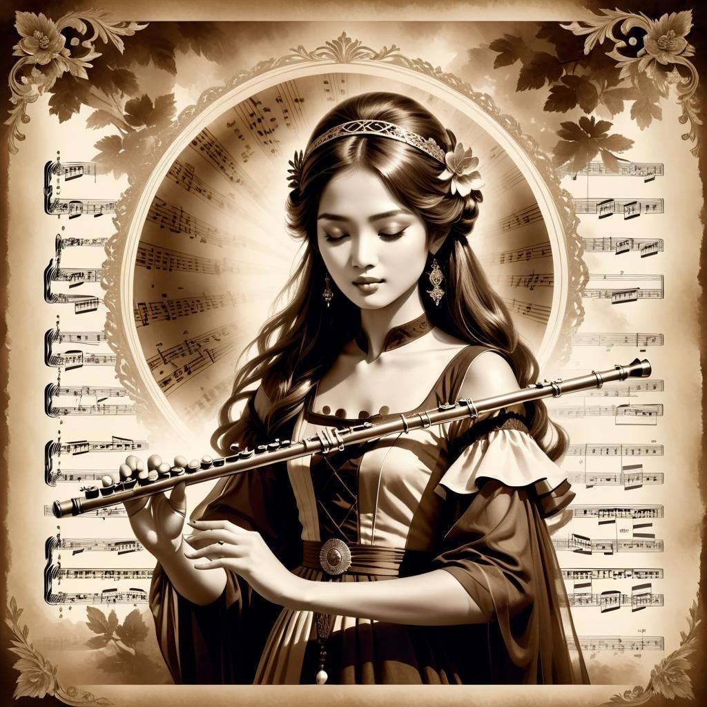 Woman Playing Flute in Sepia Watercolor Sketch