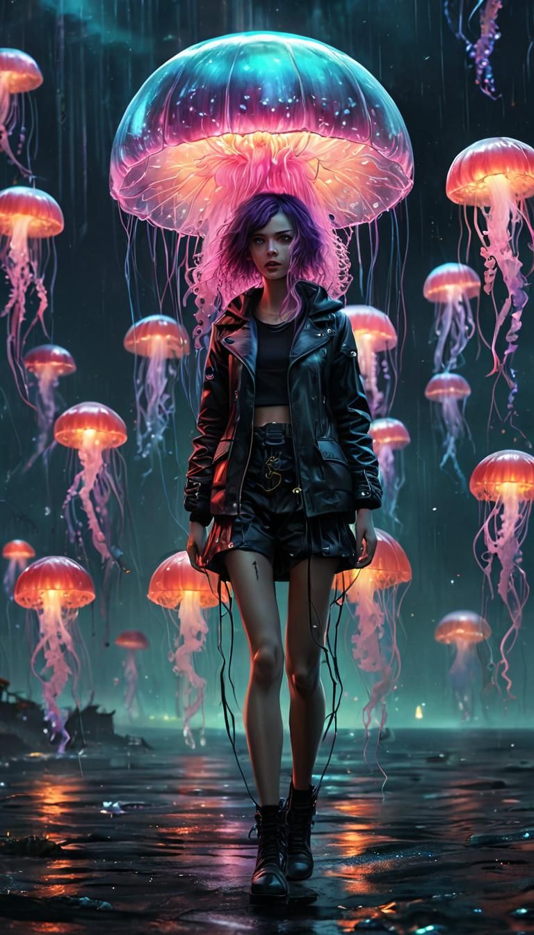 Glowing Mutant in Cyberpunk Raining Jellyfish Landscape