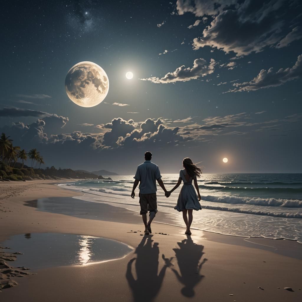 Romantic Moonlight Beach Walk: Fantasy Concept Art