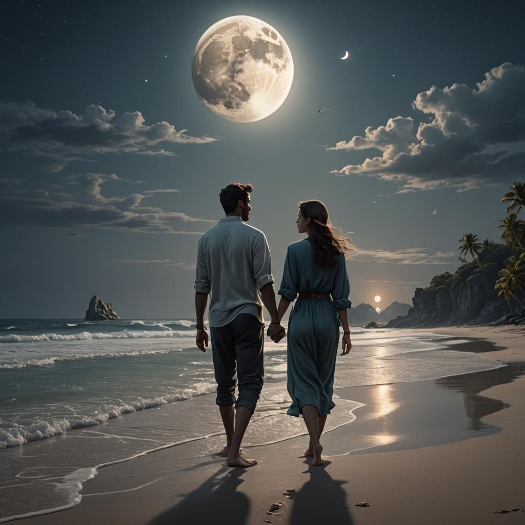Moonlit Beach Walk: A Fantasy Concept Art