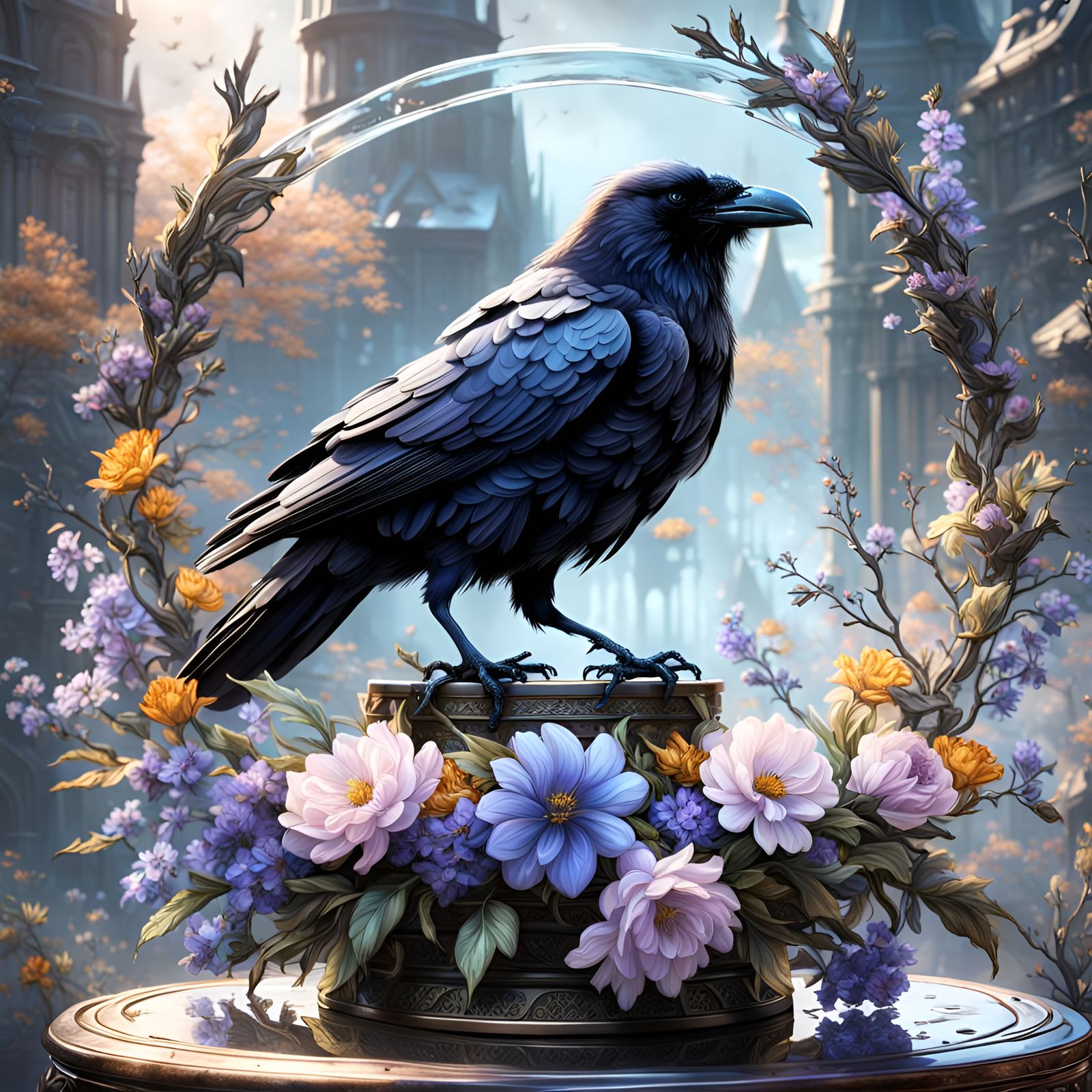 Raven with Spring Flowers: Detailed Matte Painting