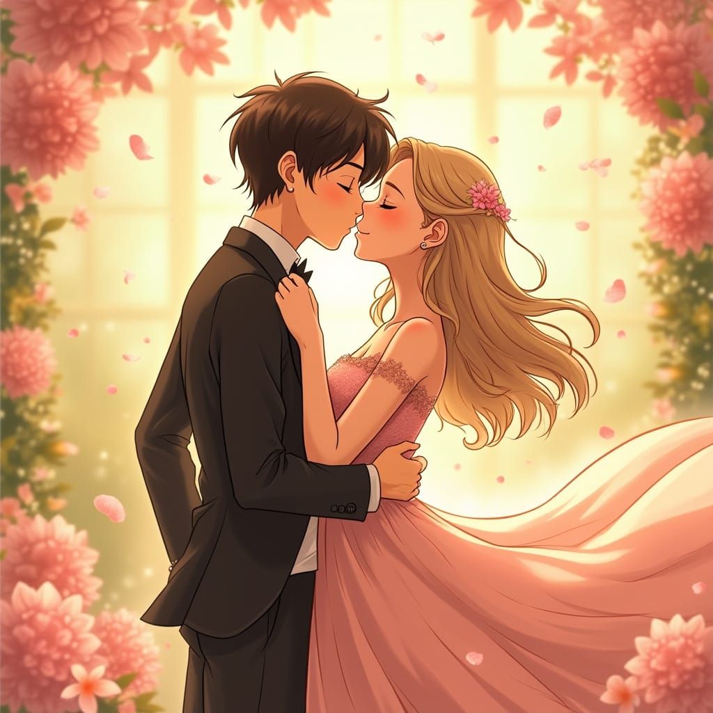 Anime Style Couple Sharing a Tender Kiss