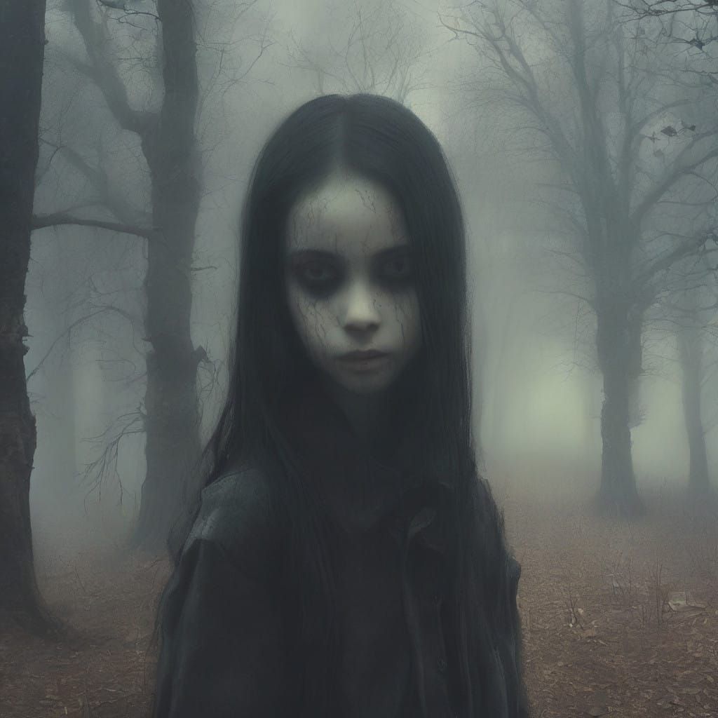 Surreal Girl Stands in Haunting, Gothic Playground at Dusk