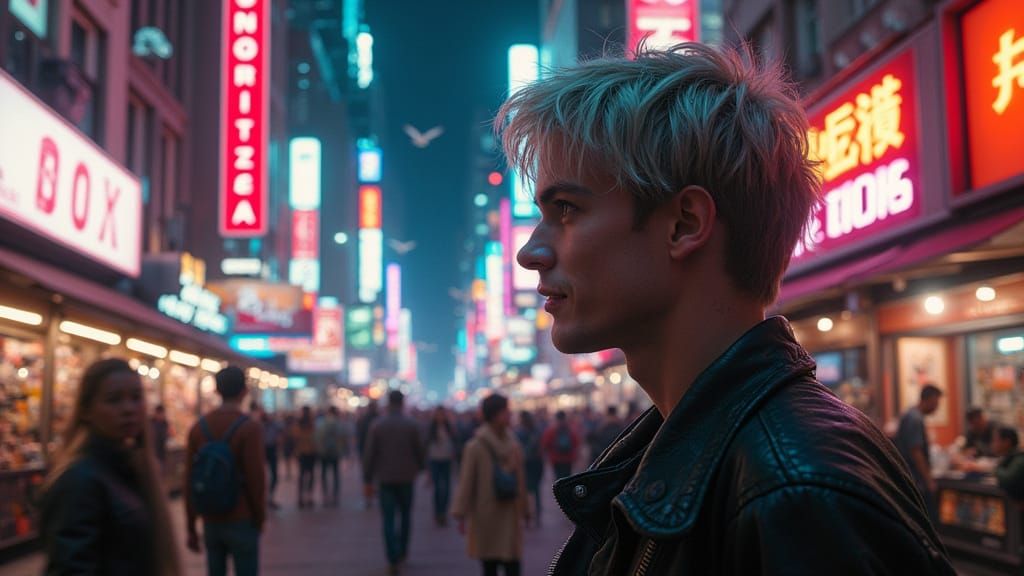 Futuristic City Night Market: Man in Cyberpunk Style