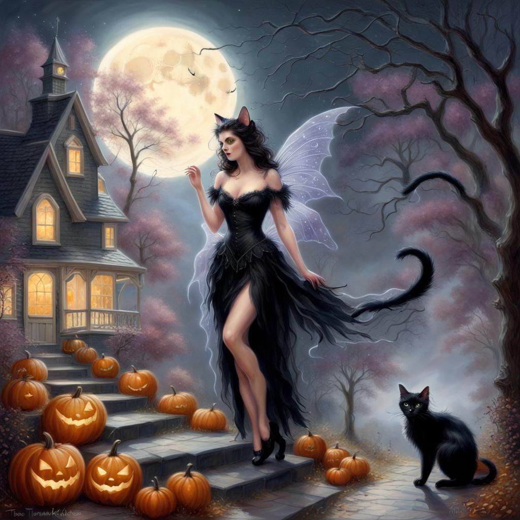 Halloween Cat Fairy with Spiderweb Wings