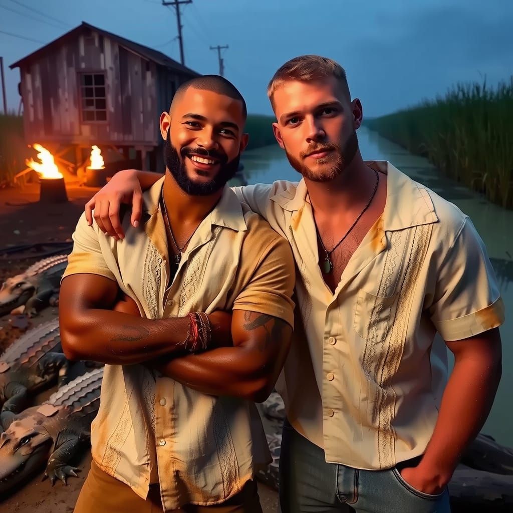 Louisianna Alligator Trappers in Bayou at Night