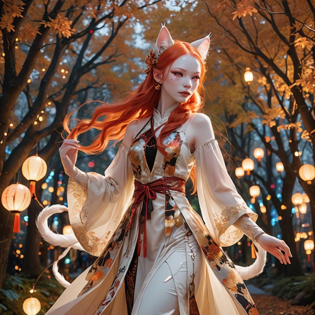 Albino Cat-Human Model in Autumn Forest, Cinematic Style