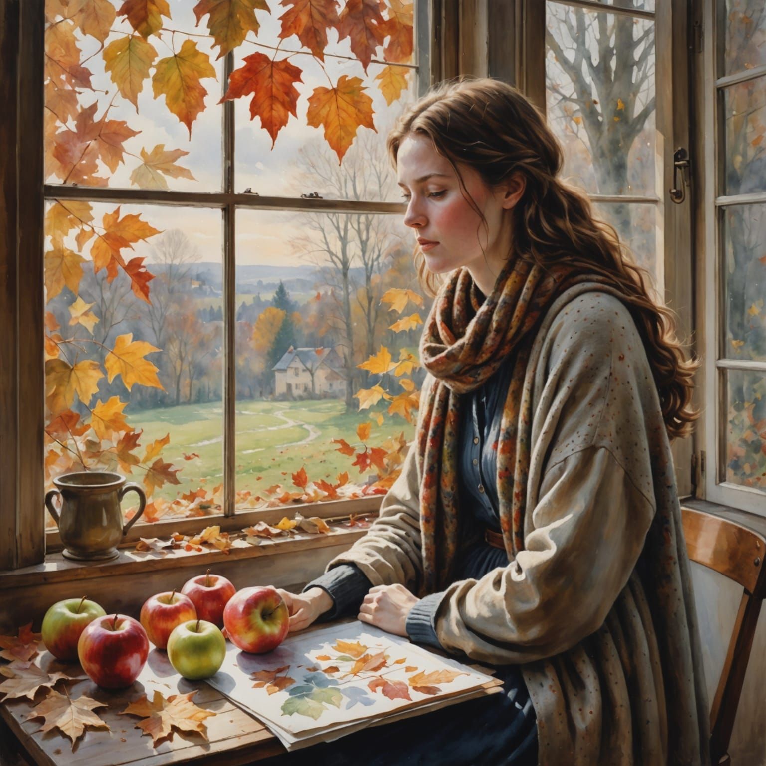 Woman by Autumn Window with Winter Landscape Painting
