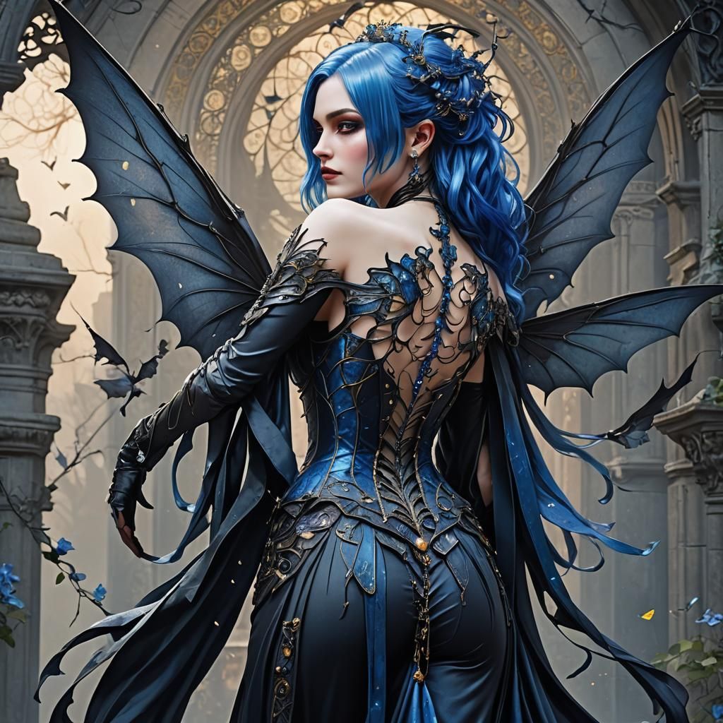 Gothic Blue-Haired Woman with Bat Wings