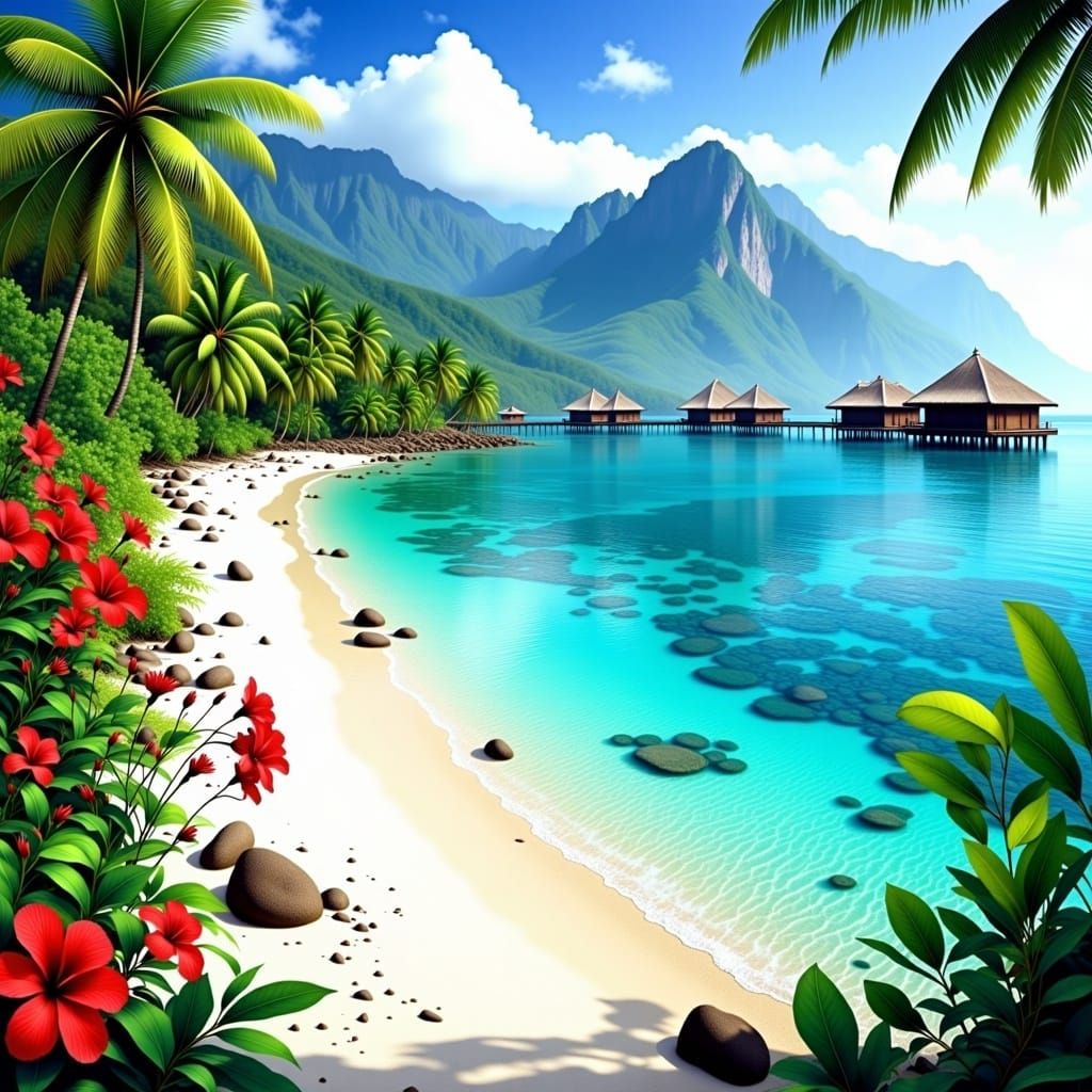 Tropical Beach Paradise: Turquoise Waves and Palm Trees