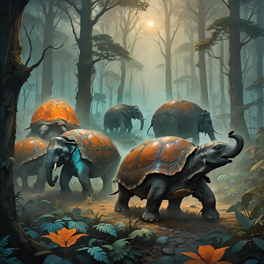 Giant Turtle Chasing Elephants in Misty Forest